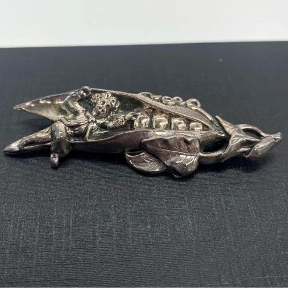 Vintage Repousse Art Nouveau Jack and the Beanstalk Brooch